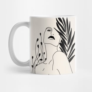 Woman Portrait And Plant Leaves Line Art Mug